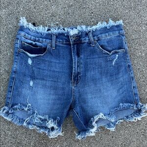 Risen - XL (Stylish Blue Denim Frayed Hem Women Shorts)